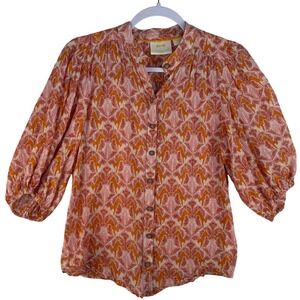 Maeve Anthropologie Zebra Palm Print Button Down Puff Sleeve Blouse Orange US 00